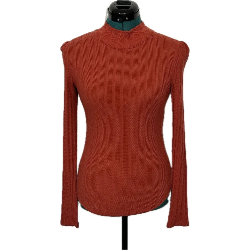 Free People Top Open Back Scarf Tie Ribbed XS Rust Orange Boho Mock Neck